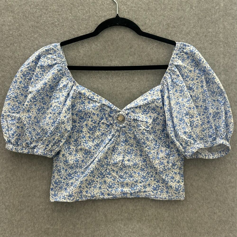 Boho Micro Floral Cut Out Babydoll Crop Top Sz L Blue White Cottagecore Romantic